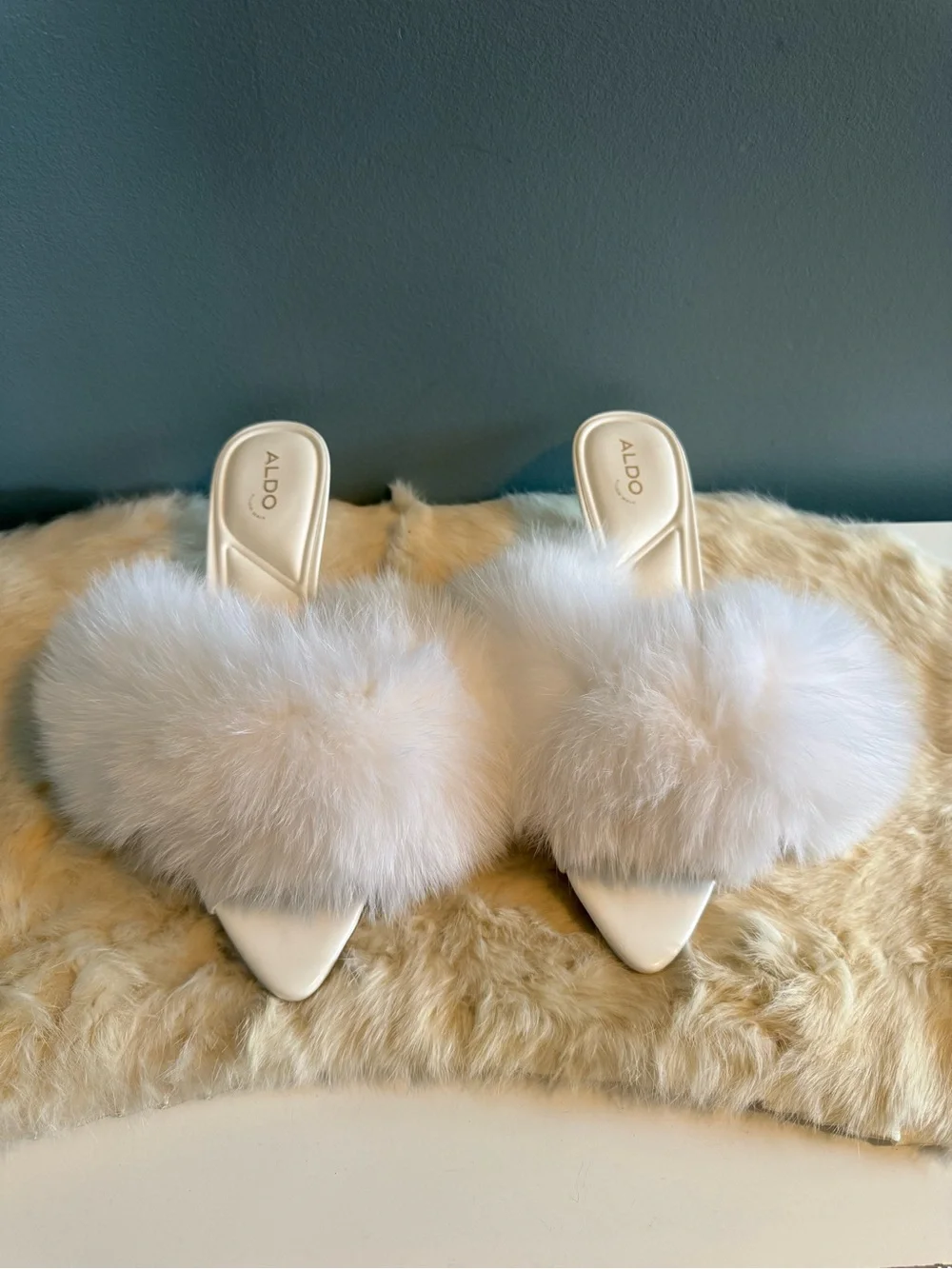 ALDO White Faux Fur Pointed Toe Stiletto Cushioned Heels - Picture 2 of 11